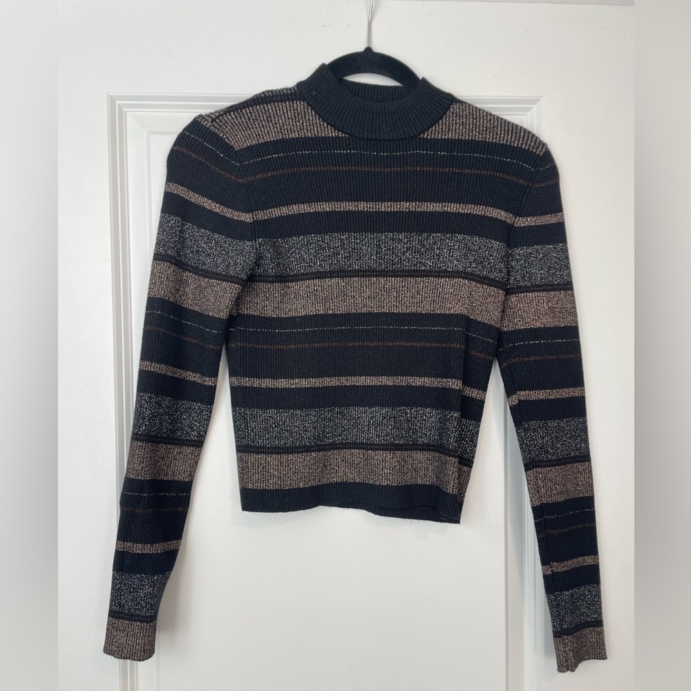 House of Harlow 1960 Cropped Black Metallic Striped Sweater Sz XS